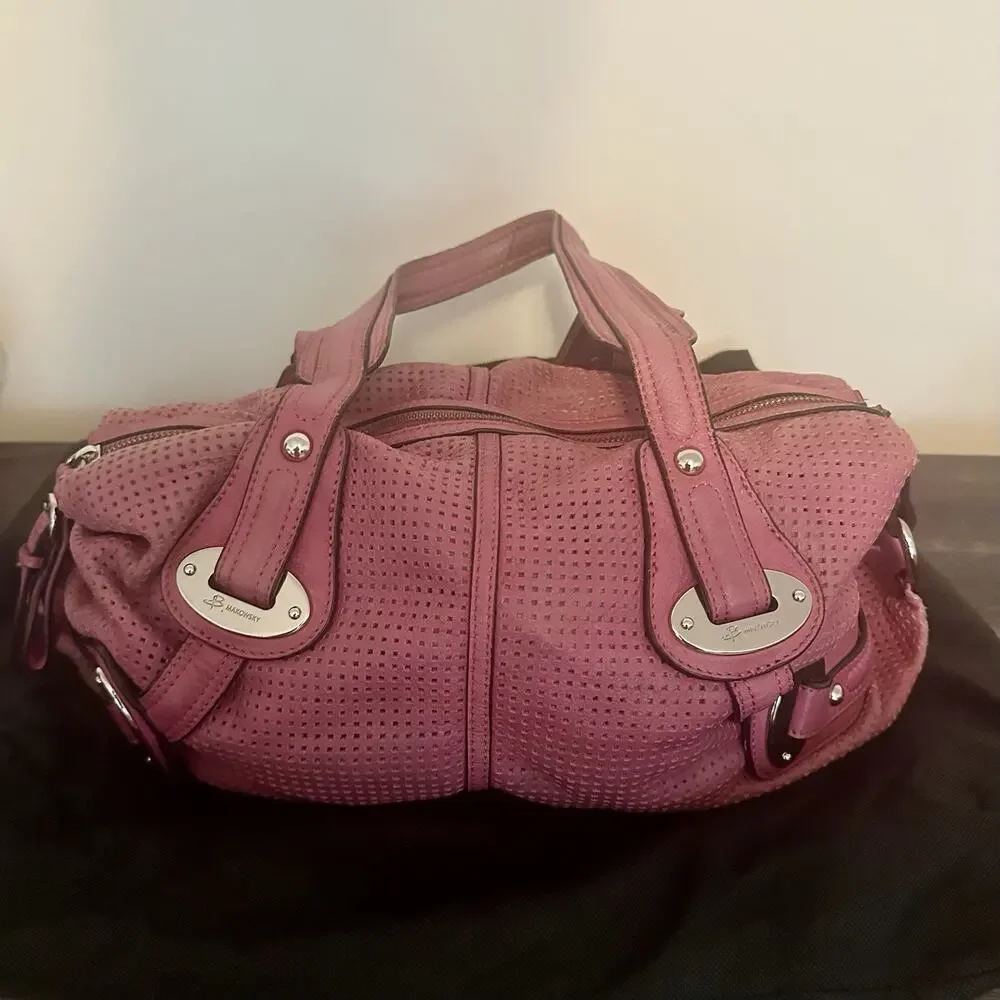 B Makowsky Pink Perforated Large Satchel Top Handle Bag Zip Silver Det Strap
